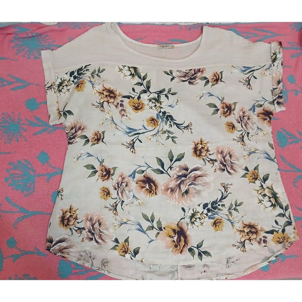 Lungo L'Arno Womens plus size 1xl floral blouse 100% linen made in ital beige